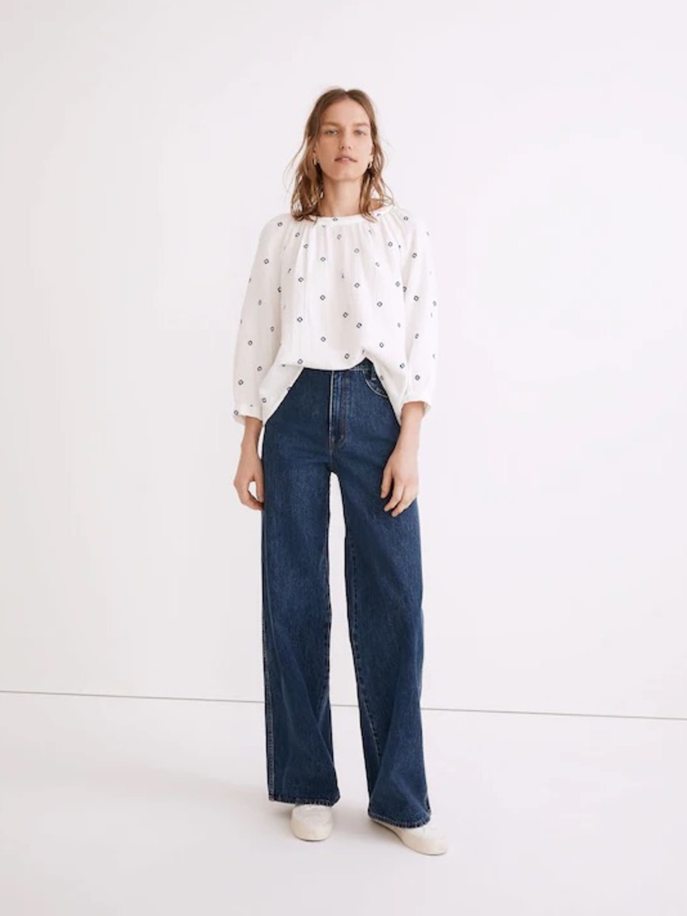 Madewell Embroidered Lightspun Wide Neck Cuffed Sleeve Top Size XS White Cotton